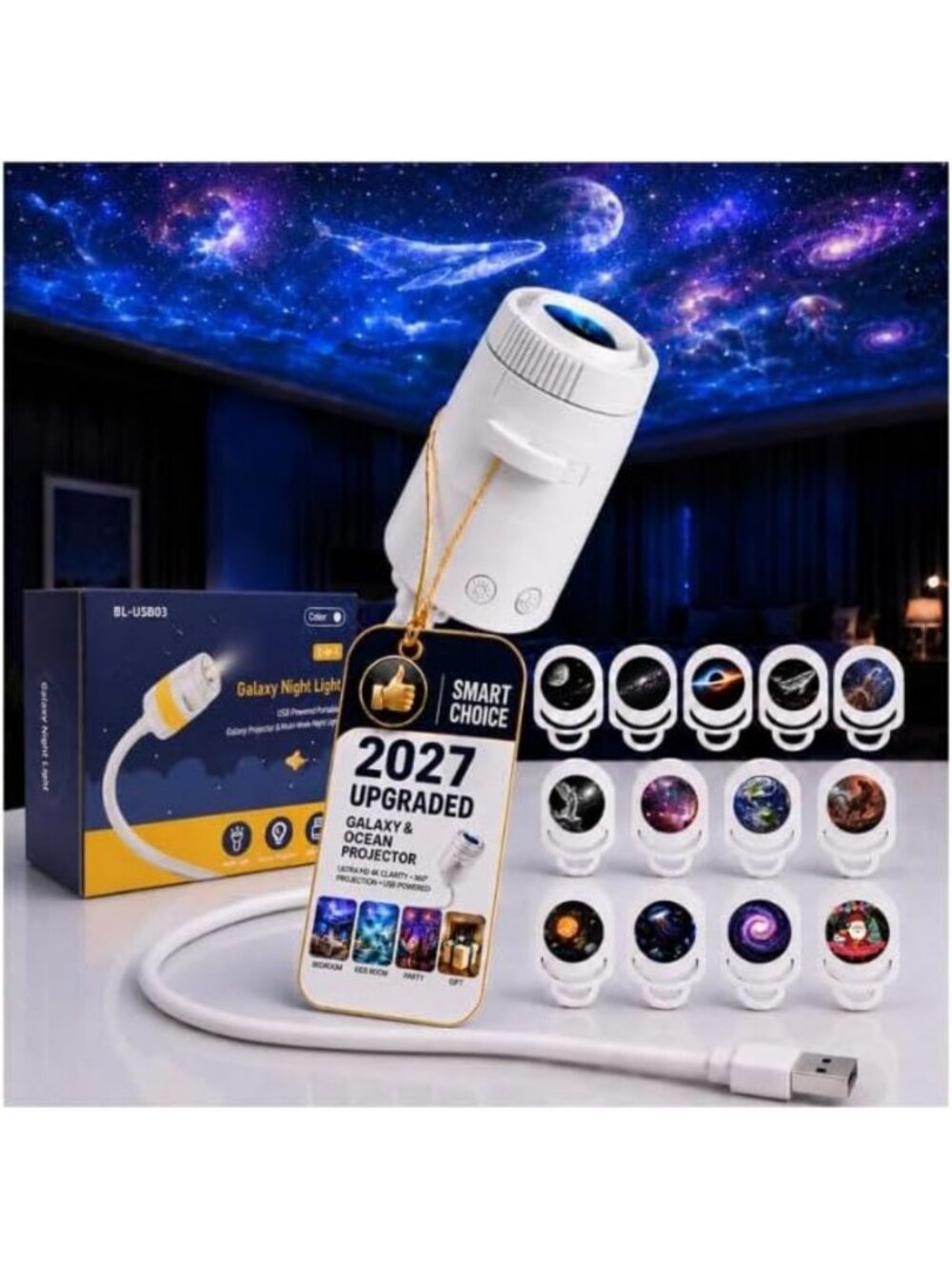2-in-1 Galaxy Star Projector Night Light with USB, 13 Projector Modes